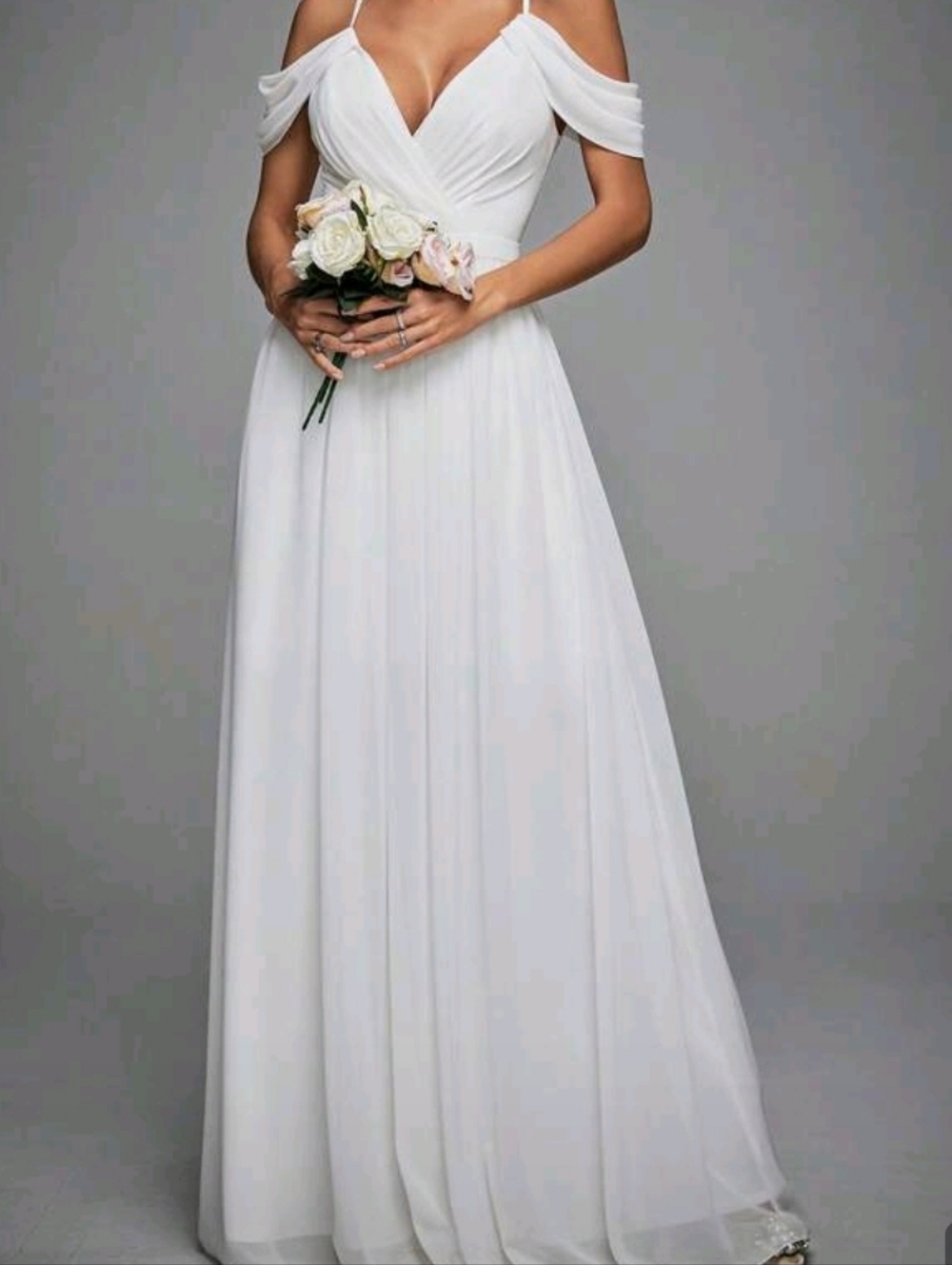 White Cold-Shoulder Chiffon Maxi Dress